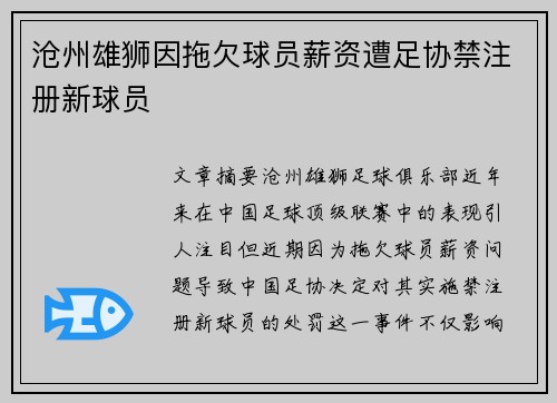 沧州雄狮因拖欠球员薪资遭足协禁注册新球员 沧州雄狮因拖欠球员薪资遭足协禁注册新球员